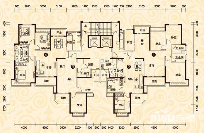 恒大绿洲户型图 编号1,4为三房两厅两卫,面积分别为131,126平米 130㎡