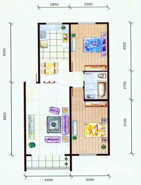 西城首府户型图 西城首府y-2两室两厅一卫104.27㎡户型图