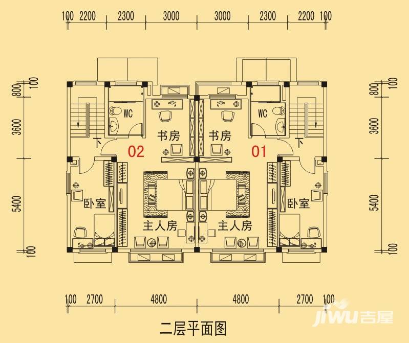 碧桂园山湖城户型图 双拼e-c户型二层 三房两厅 153.39㎡