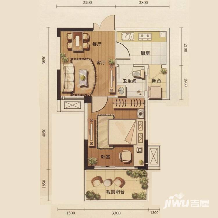 御景华府御景华府户型图 2号楼b区h户型 一房二厅一卫 47.00㎡