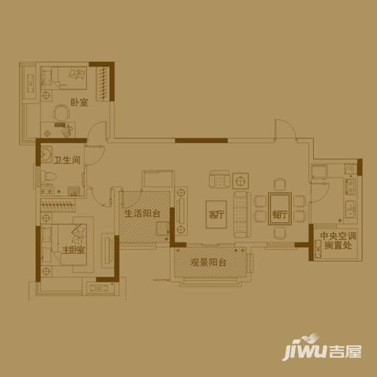 复地东湖国际户型图 三期10,11号楼i3户型 二房二厅一卫 93.48㎡