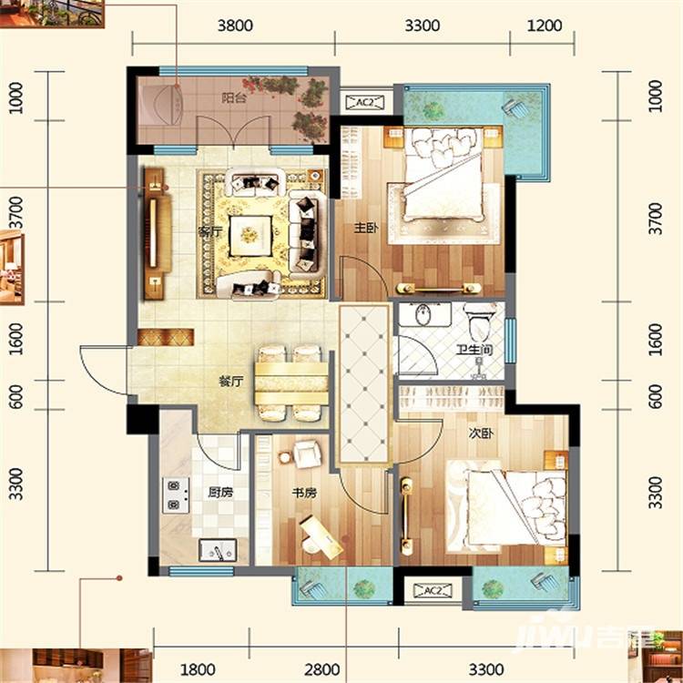 新世界梦湖香郡户型图 三室两厅一卫户型 94.56㎡