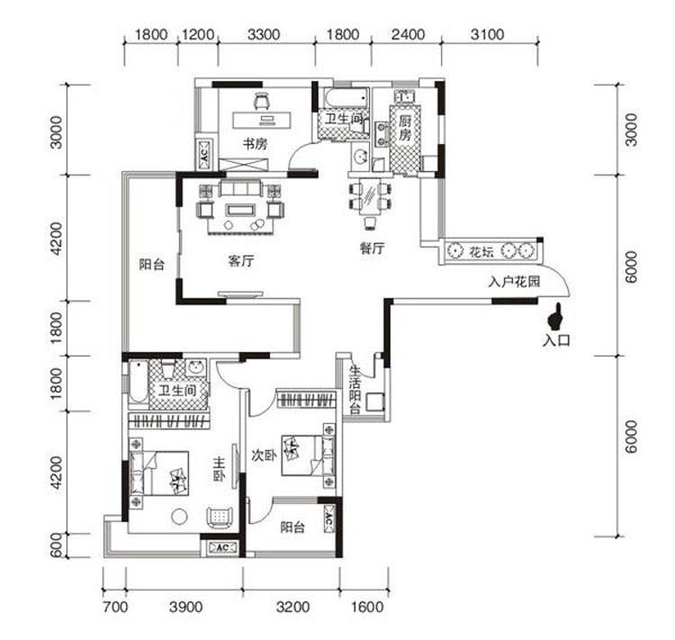 清江山水户型图 8号楼的户型c1 一期3室2厅2卫 142㎡