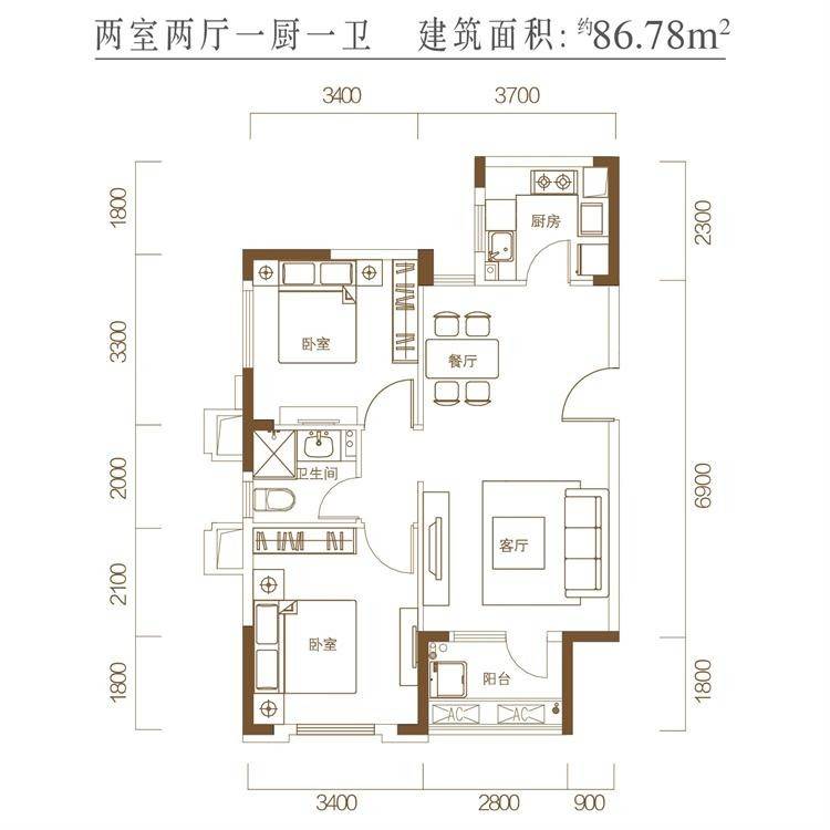 武汉恒大首府户型图 b户型 86.78㎡