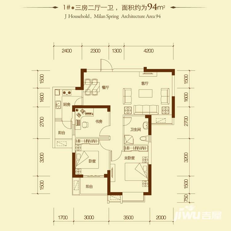 世界城米兰映象户型图 j 三房二厅一卫 94㎡