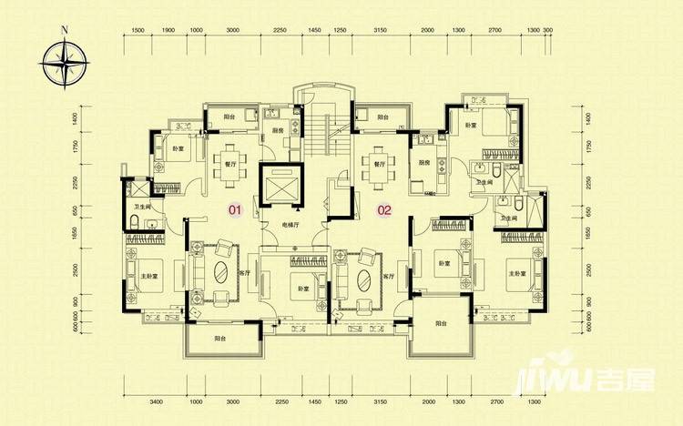 恒大绿洲户型图 8,9,26,27号楼户型平面图 二单元(2-11层)