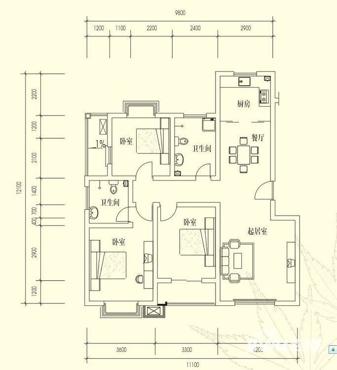 水墨兰庭户型图 b2户型 三室两厅两卫 119.2平米 119.2㎡