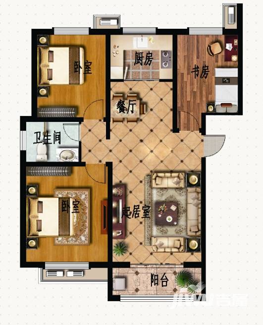 华硕天韵户型图 c1户型122.28三室两厅1卫 122.28㎡