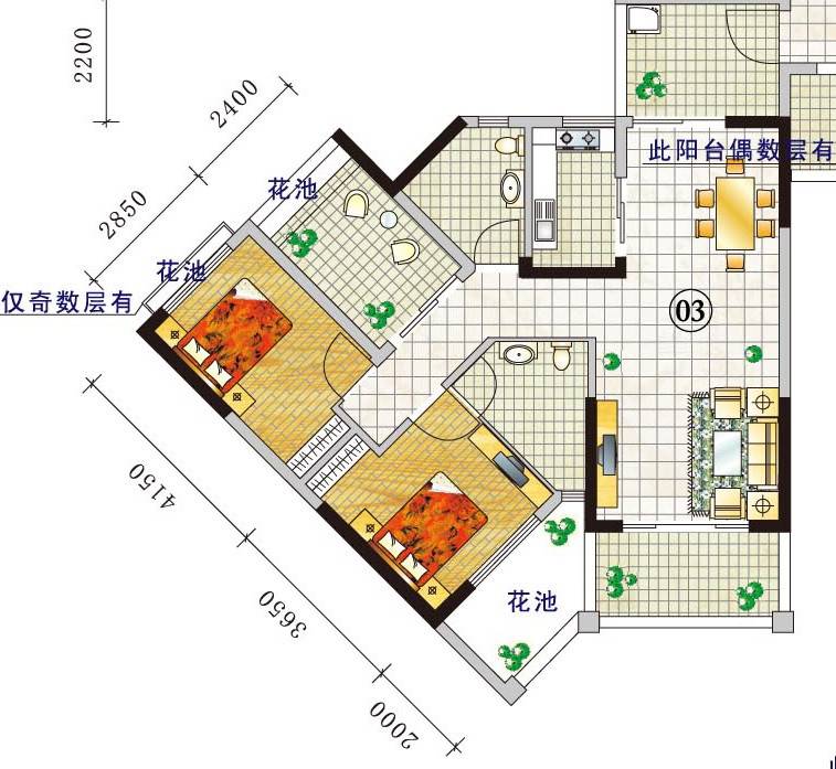 豪利花园户型图 三期豪景阁d栋2-13层03单元 南向 96.75㎡