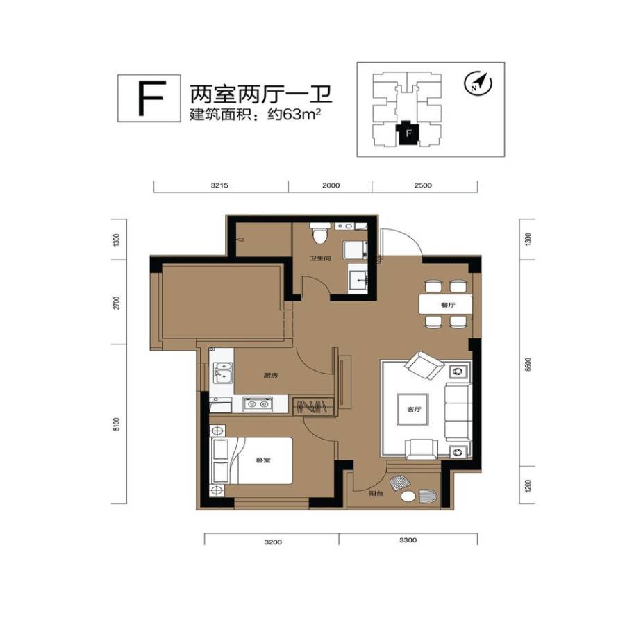 阳光100国际新城阳光100国际新城户型图 f户型 两室两厅一卫 63㎡