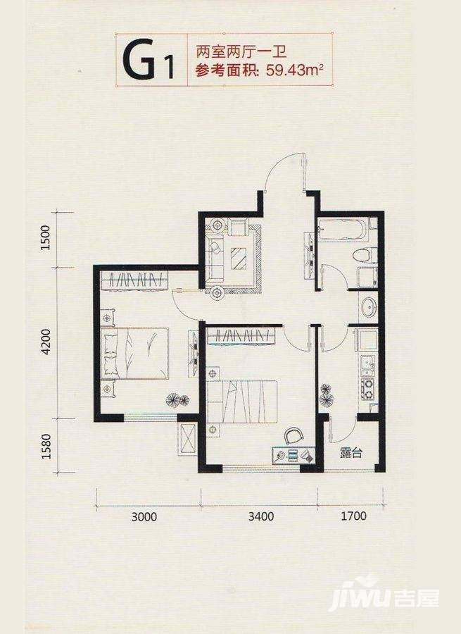 里仁居润尚枫庭户型图 g1户型 二室二厅一卫 59.43㎡