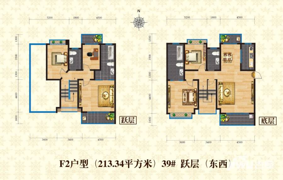 海螺永盛花园户型图 f2户型(39#楼跃层-东西 5室2厅4卫 213.34㎡