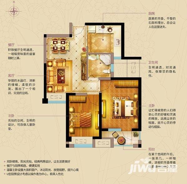 荣盛香榭兰庭户型图 东-2号中户 两室两厅一卫 建筑面积约63㎡