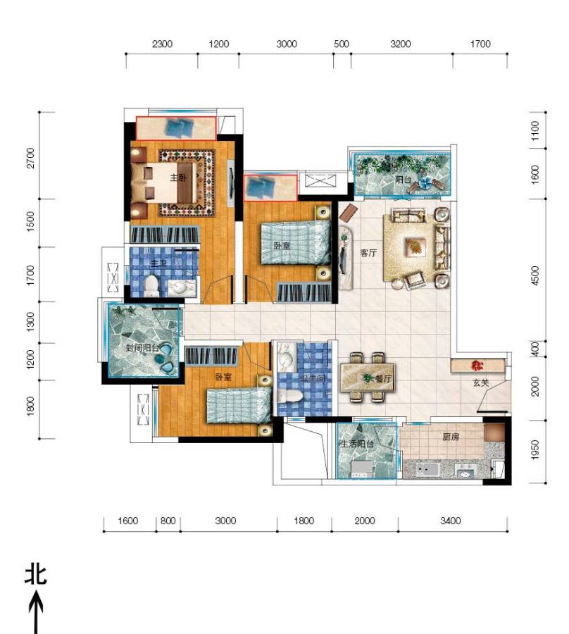 保利爱尚里户型图 k-1 三室两厅两卫 三阳台 103㎡