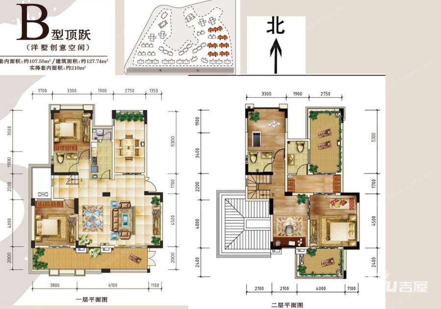 华宇龙湾户型图 b型顶跃套内面积107.55平米 127.74㎡