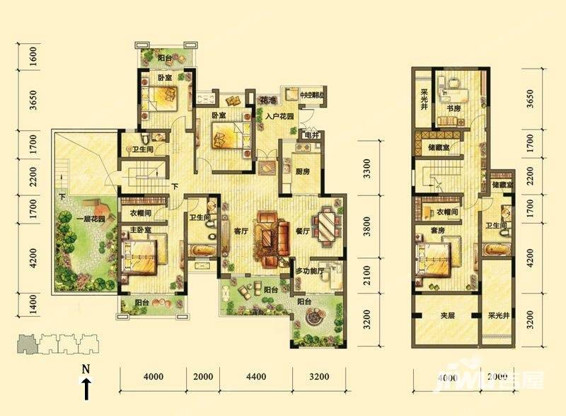 鸿府户型图 隆鑫鸿府一期b1栋标准层2f-a 四室二厅三卫 多功能厅 套内