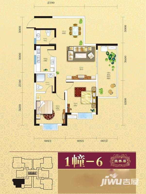 盛美居户型图 一期1栋-6户型标准层 2室2厅1卫 套内74.75 74.75㎡