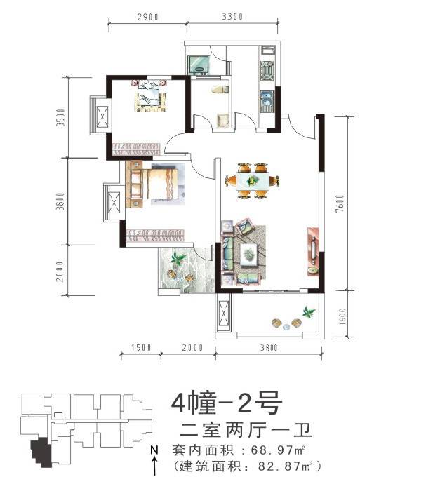 盛美居户型图 4幢-2号 两室两厅一卫 套内面积68.97 82.87㎡