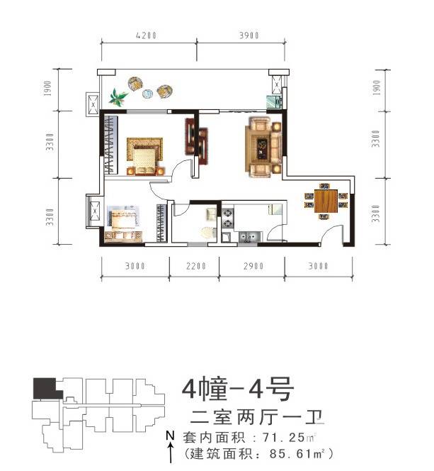 盛美居户型图 4幢-4号 两室两厅一卫 套内面积71.25 85.61㎡