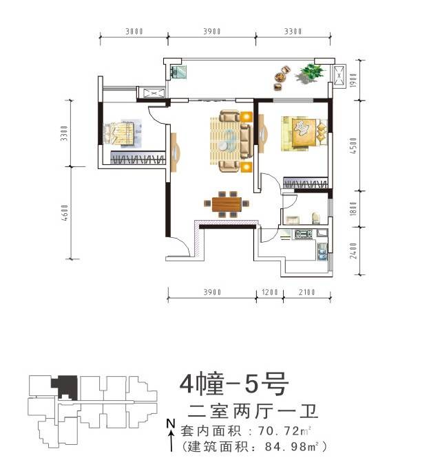 盛美居户型图 4幢-5号 两室两厅一卫 套内面积70.02 84.98㎡