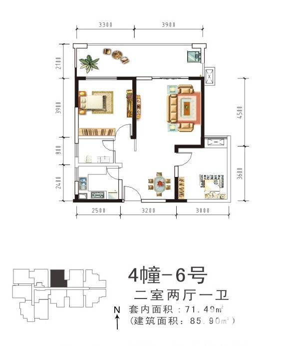 盛美居户型图 4幢-6号 两室两厅一卫 套内面积71.49 85.90㎡