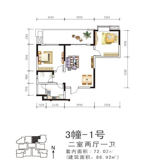 盛美居户型图 3-1两室两厅一卫 套内约72.03㎡建面约88.92 88.92㎡