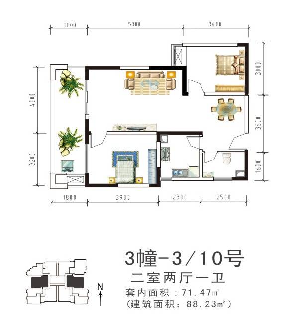 盛美居户型图 3-3/10两室两厅一卫 套内约71.74㎡建面约88.23 88.