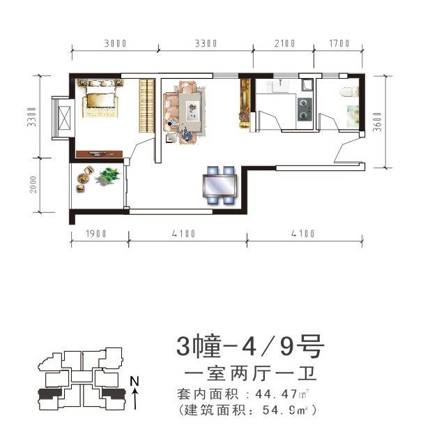 盛美居户型图 3-4/9一室两厅单卫 套内约44.47㎡建面约54.9 54.9㎡