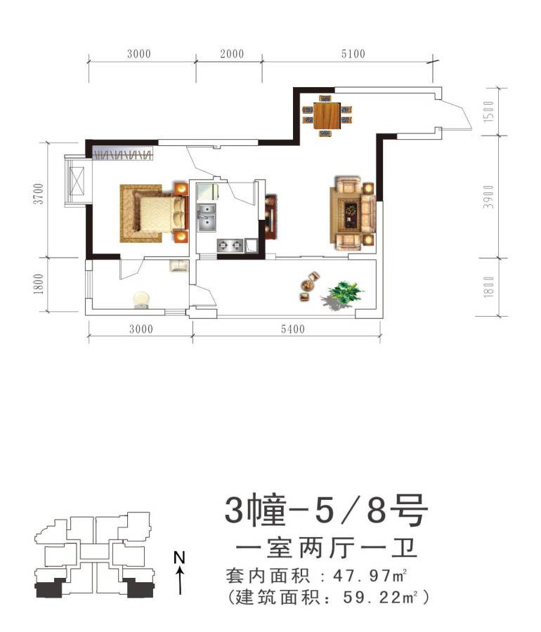 盛美居户型图 3-5/8一室两厅单卫 套内约47.97㎡建面约59.22 59.