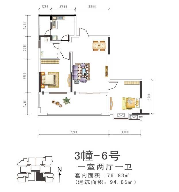 盛美居户型图 3-6一室两厅单卫 套内约76.83㎡建面约94.85 94.85㎡