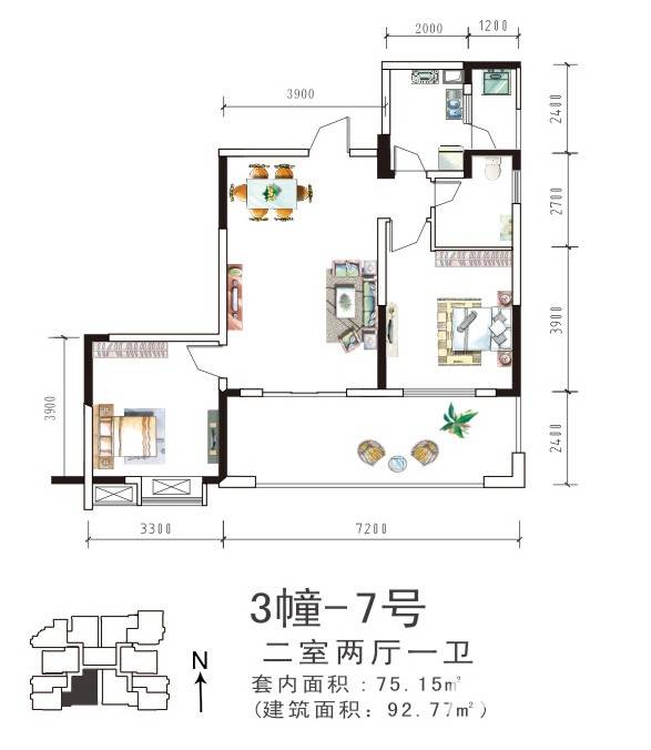 盛美居户型图 3-7两室两厅一卫 套内约75.15㎡建面约92.77 92.77㎡