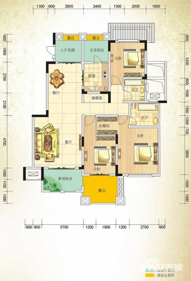 银翔翡翠谷户型图 d户三室两厅双卫带入户花园 116.91㎡