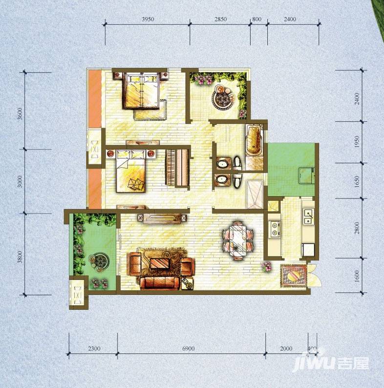 江与城户型图 景上时光b4 两房两厅两卫 套内面积约89㎡