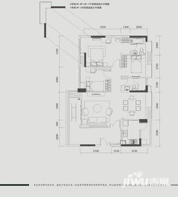 富力城富力城户型图 三房二厅二卫95.2平方米