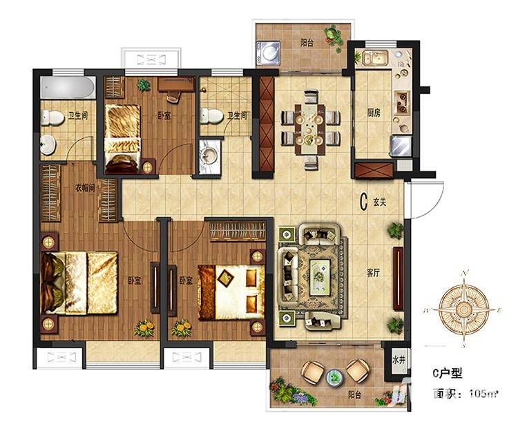 电建洺悦府户型图 c户型 105㎡