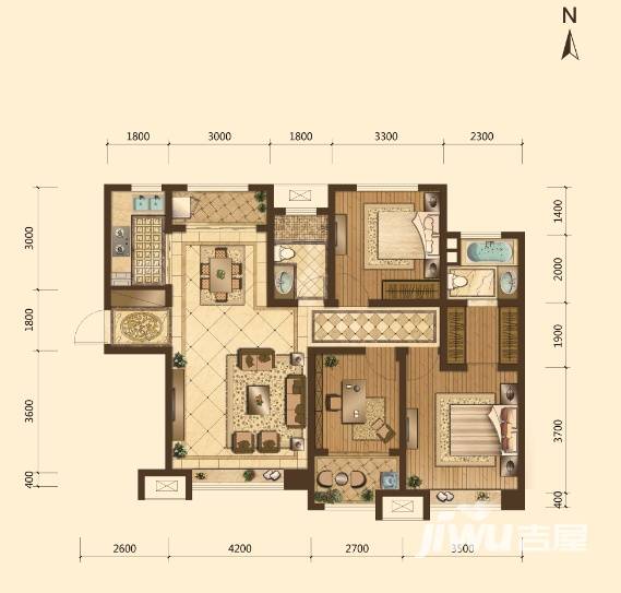 济南德润天玺德润天玺户型图 三室两厅两卫130平米户型图 130㎡户型图