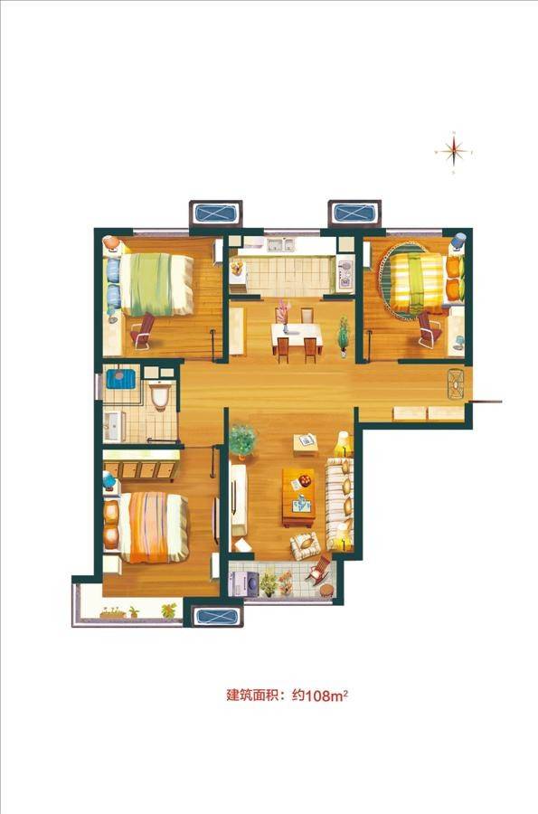 万科新里程户型图 三室两厅一卫 108㎡