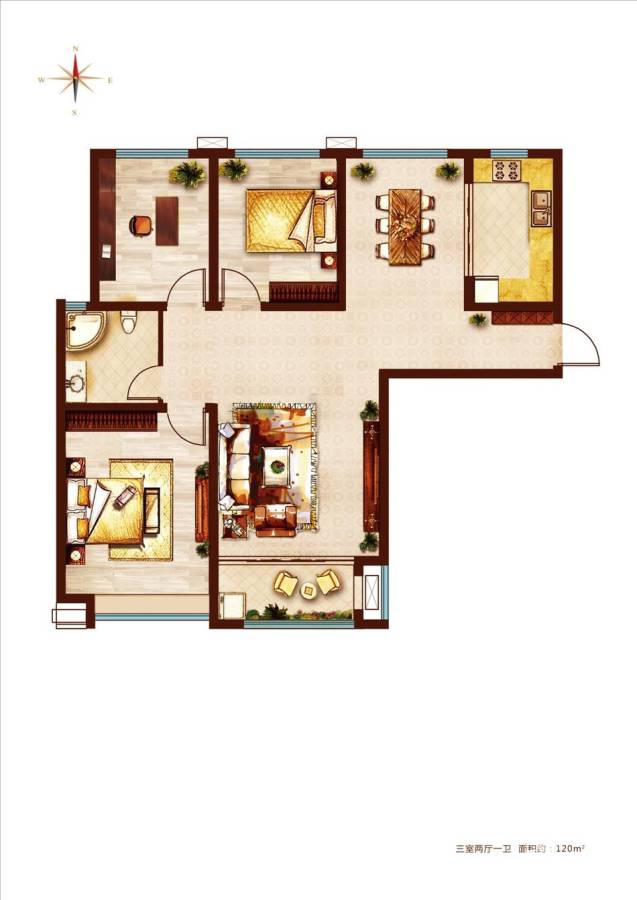 鲁商凤凰城鲁商凤凰城户型图 c户型 三室两厅一卫 120㎡