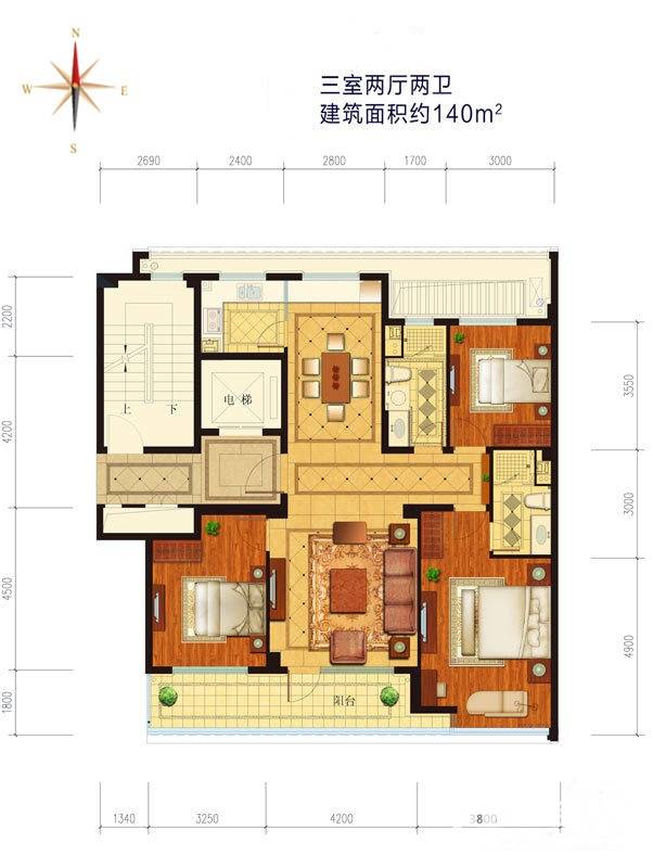 绿城百合花园户型图 d8号楼 三室两厅两卫 140㎡