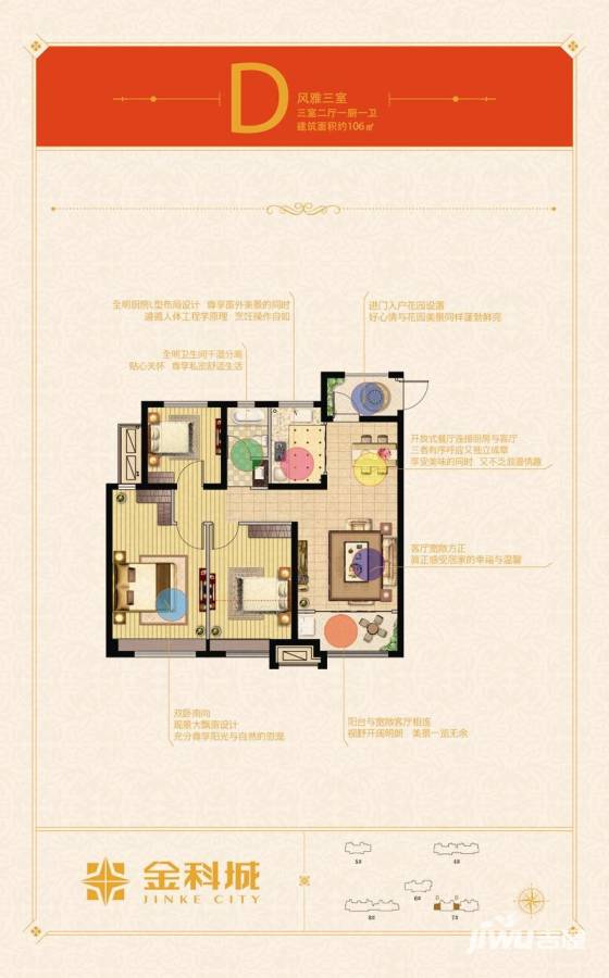 金科城户型图 d户型三室两厅一厨一卫 106㎡