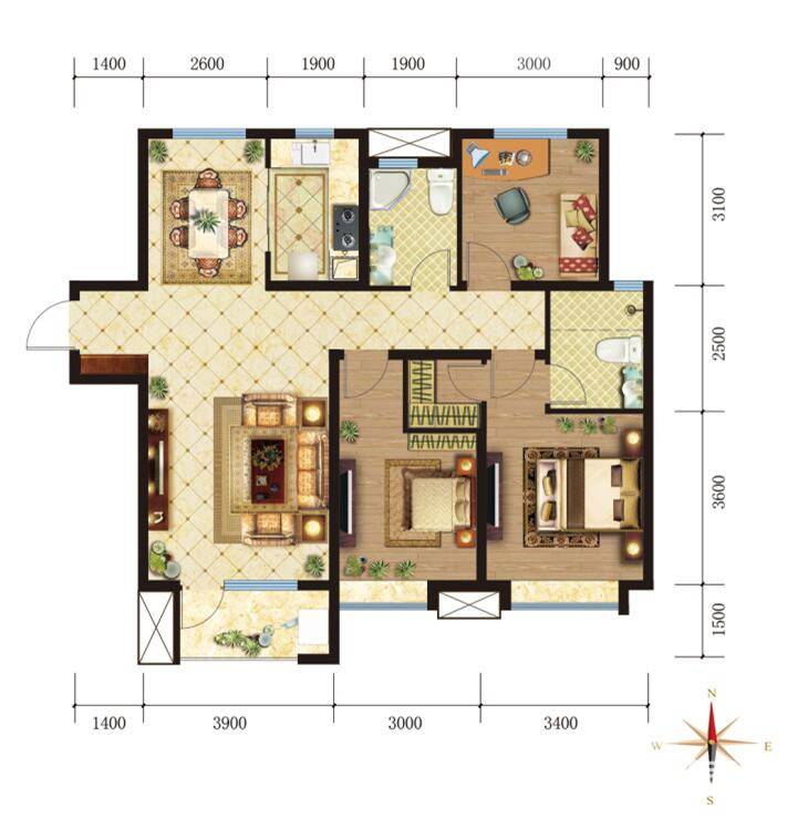 约125平米三室两厅两卫户型图 125㎡