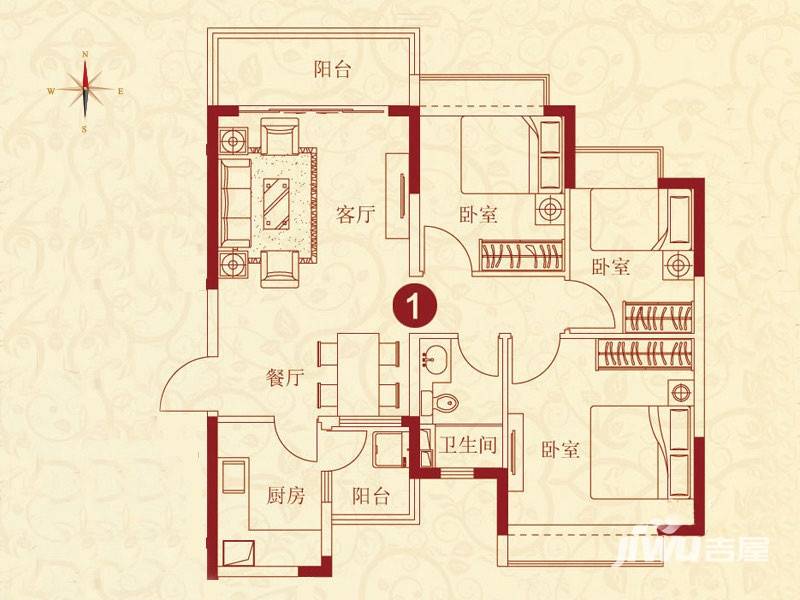 恒大绿洲恒大绿洲户型图 6号楼三室两厅一卫 102.39㎡