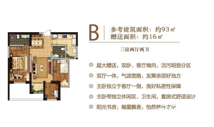 俊发城户型图 b户型 3室2厅2卫 93㎡