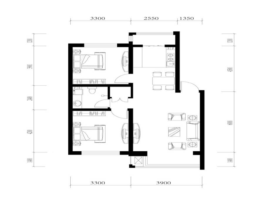 c户型 二室二厅一卫 60-70平方米 60平方米㎡
