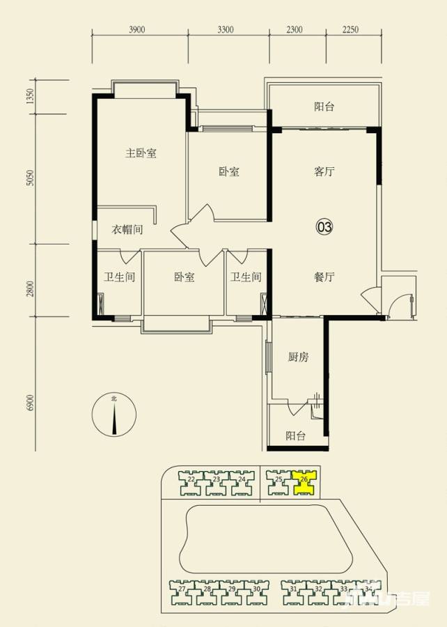 恒大绿洲户型图 26栋03户型 129.84㎡