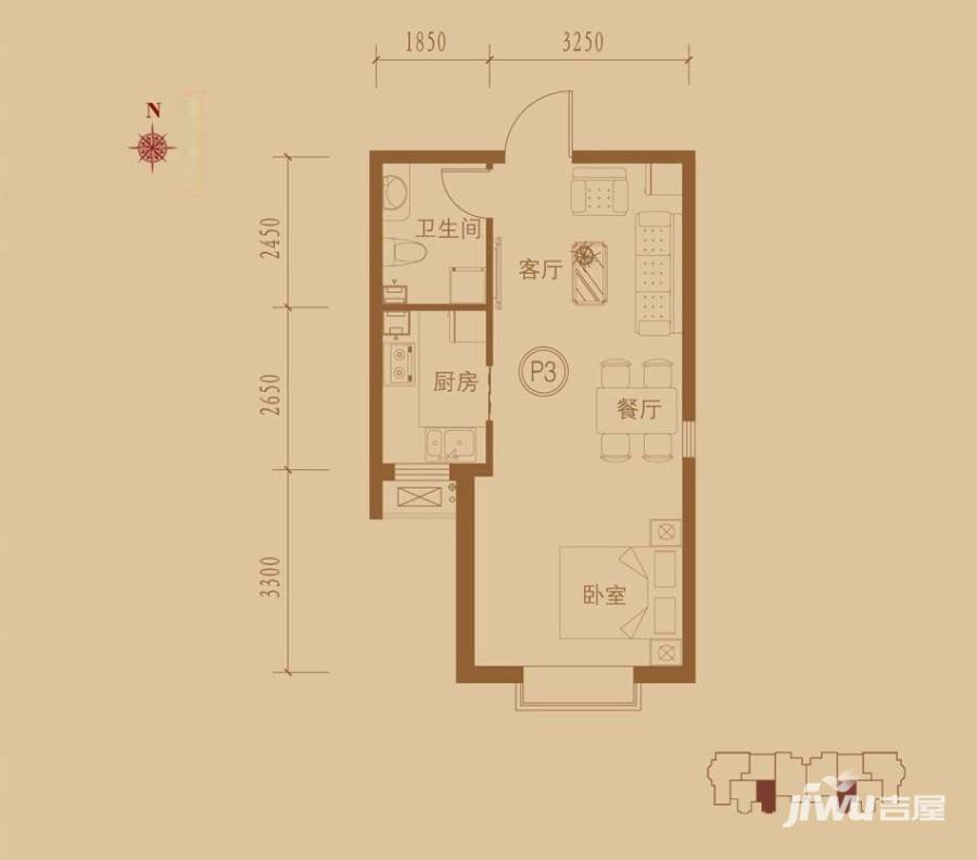 国仕山户型图 一室两厅一卫 49.48㎡