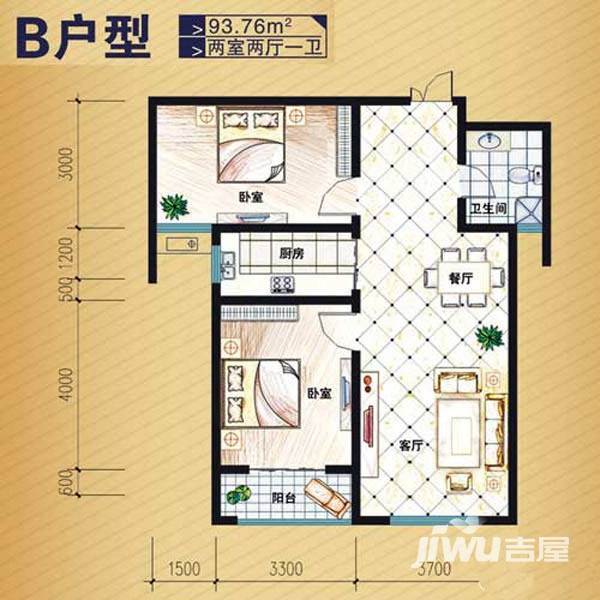 水印城户型图 b户型两室两厅一卫 93.76㎡