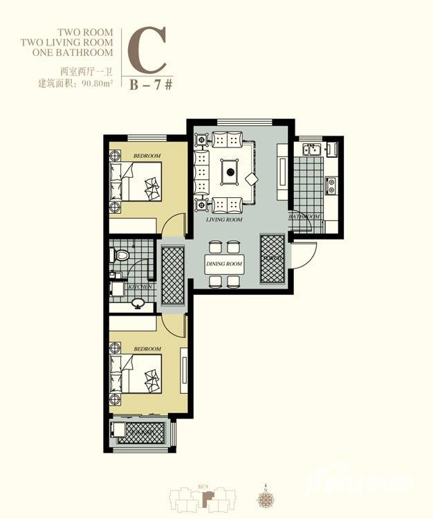 天洲视界城铂悦户型图 b7号楼c户型 二室二厅一卫 90.82㎡