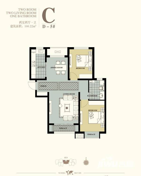 天洲视界城铂悦户型图 d-5 两室两厅一卫 100.22㎡