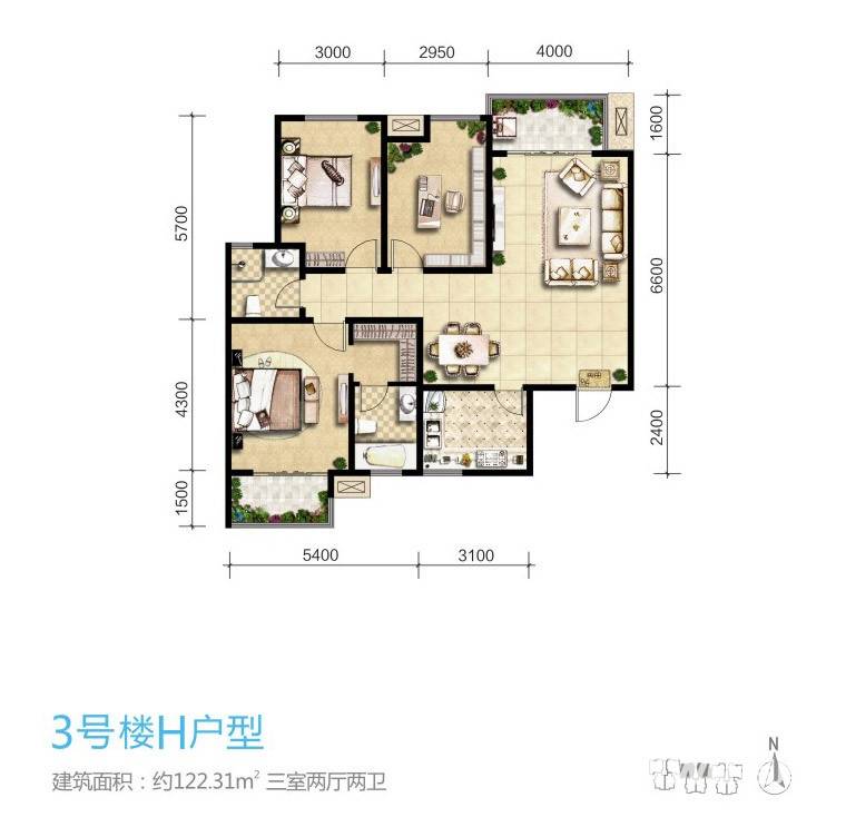 铂悦铂悦户型图 3#楼h户型三室两厅两卫 122.31㎡